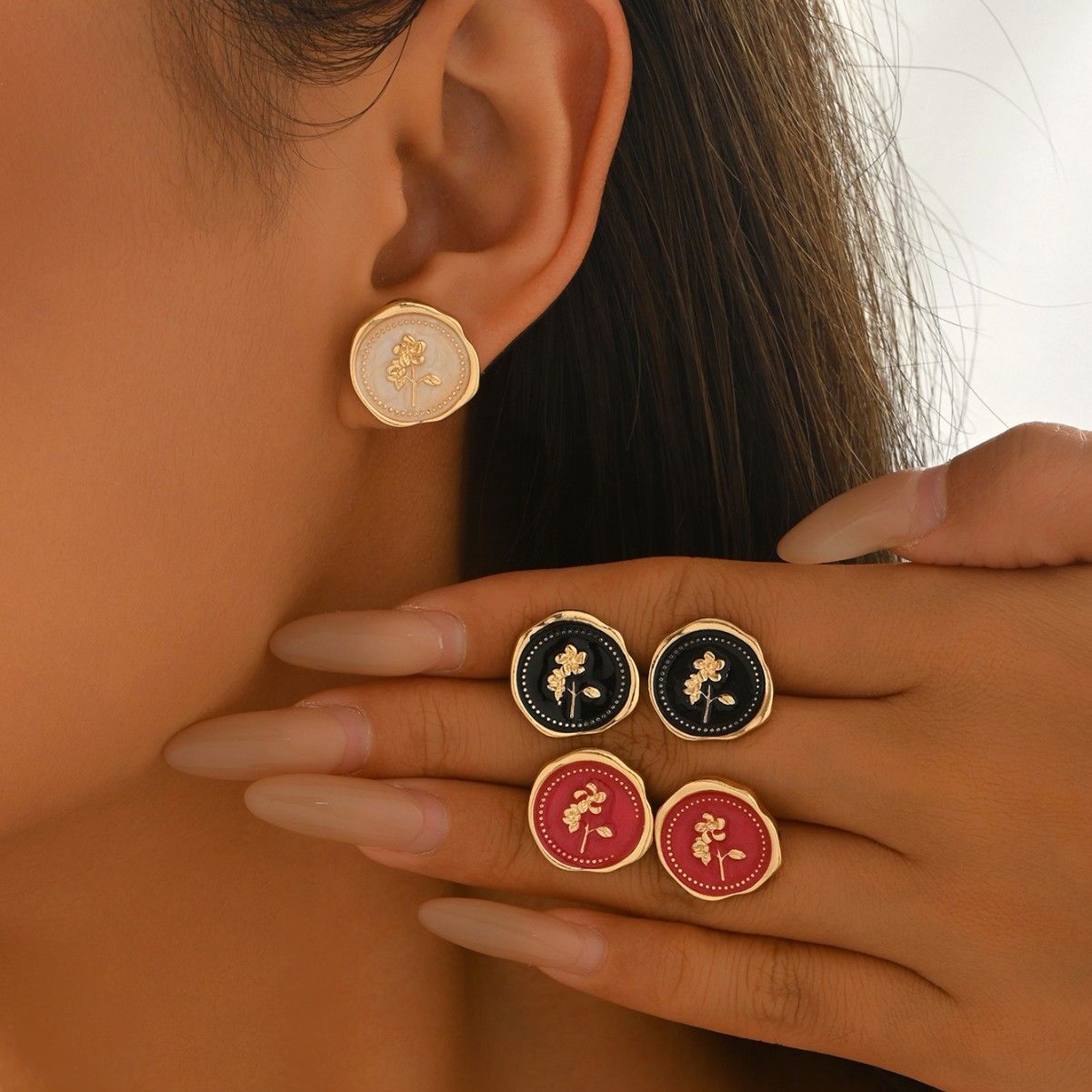 Vintage Enamel Rose Stud Earrings, 1.7cm Gold Plated Sealed Wax Style Earrings, Minimalist Floral Jewelry for Women, Lightweight & Hypoallergenic
