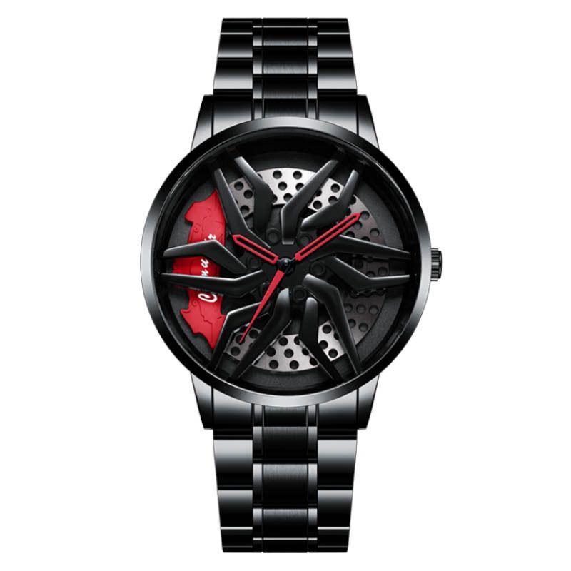 Mens Wrist Watch Creative 3D Spinning Car Wheel Rotating Watches Rim Hub Design Fashion Quartz Stylish Wristwatch with Stainless Steel Strap Gifts for Car Enthusiasts