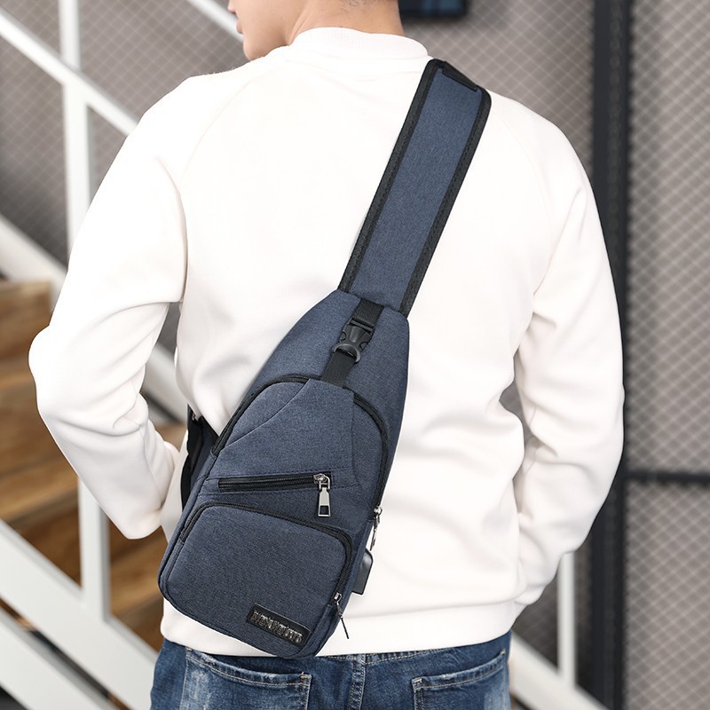 2021 new men's USB smart chest bag messenger backpack single shoulder bag ant cloth Korean casual canvas men's bag Grey