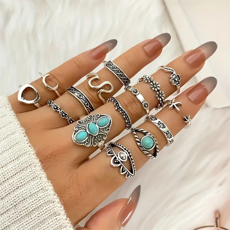 JZ-67 Women's Vintage Bohemian Ring Set Versatile Stacked Ring 15 Piece Set