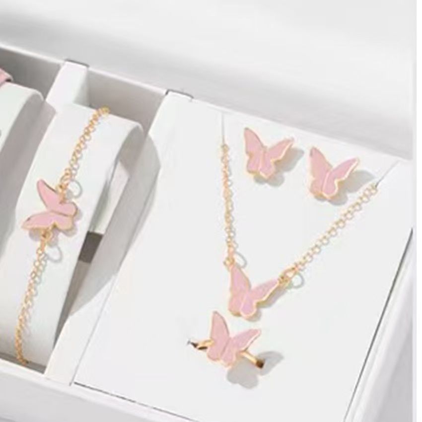 6pcs Luxury Watch Women Ring Necklace Earrings Bracelet Set Watches Butterfly Leather Strap Ladies Quartz WristWatch No Box5Pcs Pink Jewelry Set