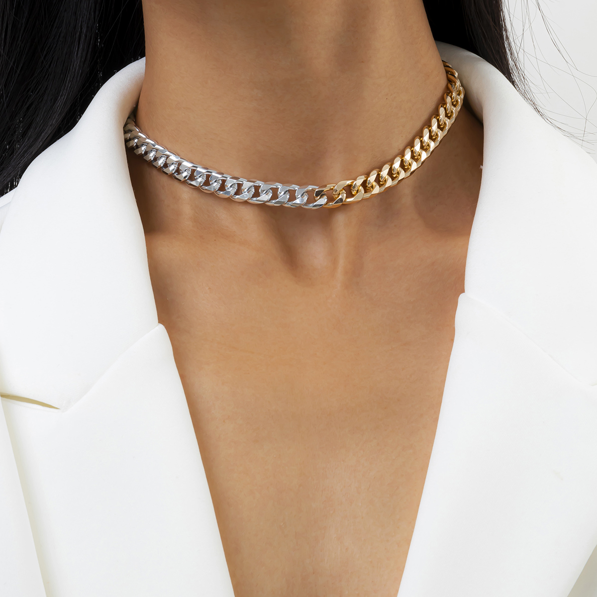 C03785 Two Tone Chain Choker Necklace