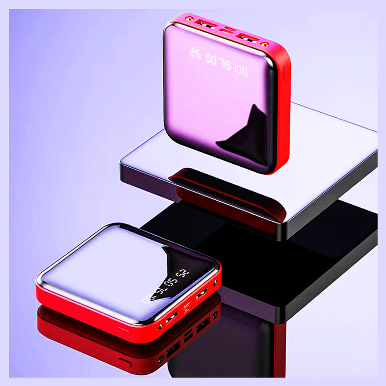 Multi Functional Portable Mobile Power Supply, Power Bank, High Speed Charging ( Square, full mirror screen, Flashlight + Dual USB, Integrated compression type high capacity battery pack) (Red / Blue)