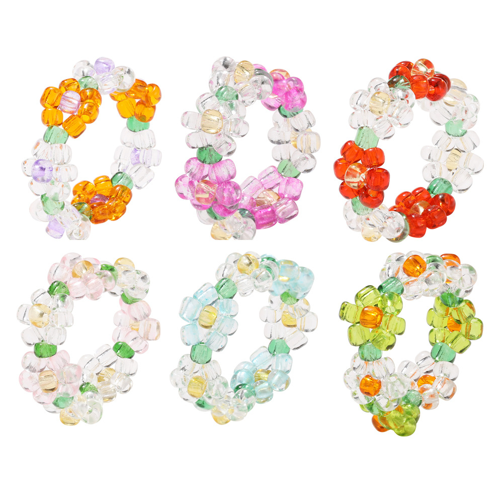 54717 Beaded Flower Rings Cute Vintage Handmade Colorful Transparent Glass Beads Aesthetic Stretch Finger Rings for Women Girls