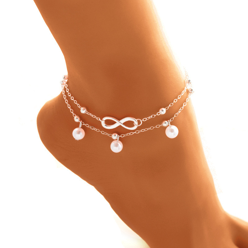 Women's Fashion Pearl Figure 8 Anklet Jewelry Beaded Double Bracelet