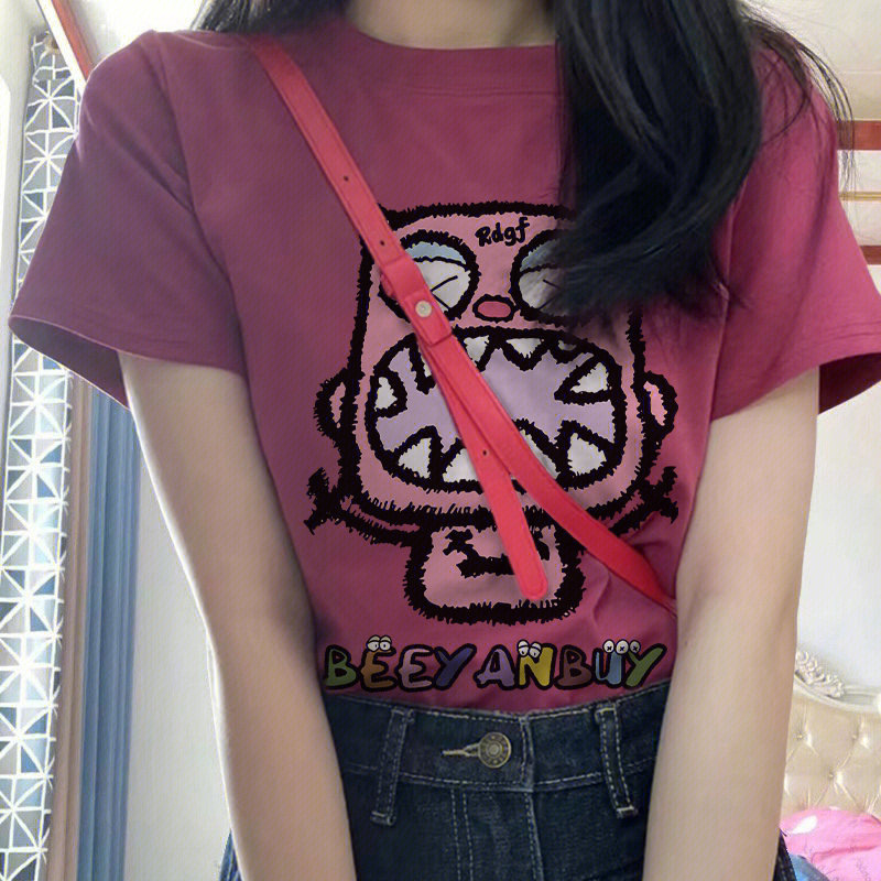 Women's Summer New Rose Red T-Shirt Loose Small Monster Top