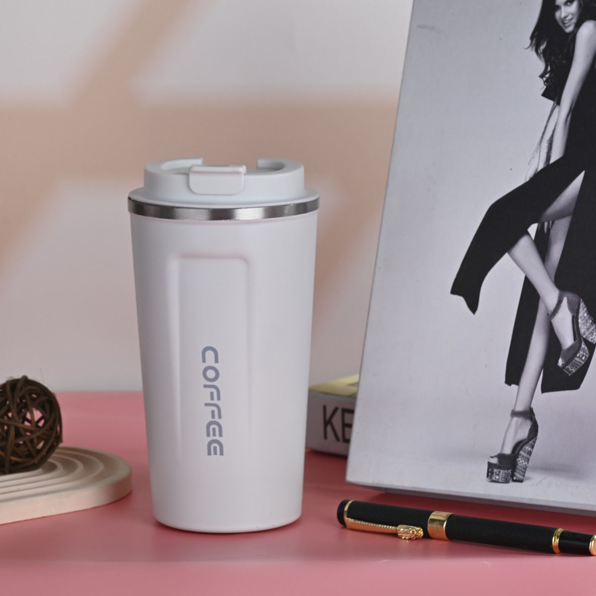 304 Stainless Steel Second-generation Coffee Cup Portable Car Carrying Thermos Cup Business Office Gift Water Cup Water BottleWhite