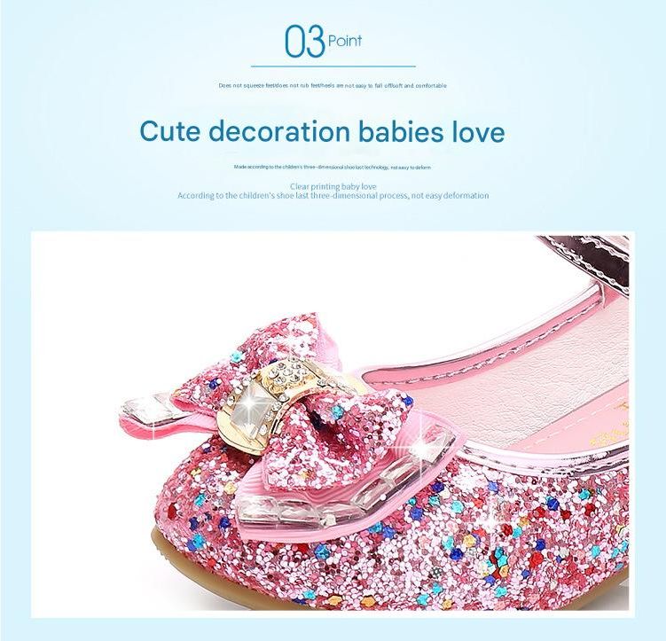Dress Shoes Autumn New Girls' Small High-Heeled Leather Shoes Sparkling Shoe upper with Bow Decoration for Children's Dance Shoes