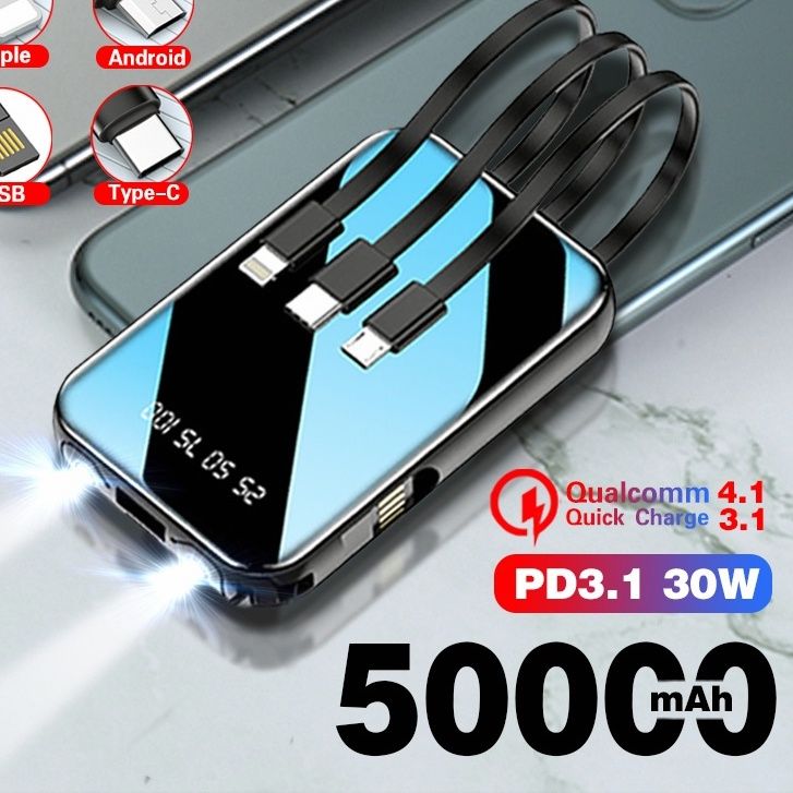 20000mAh Power bank Fast Charger 4 Cables External Battery Powerbanks Built-in 4 Cables for Android phoneLED display