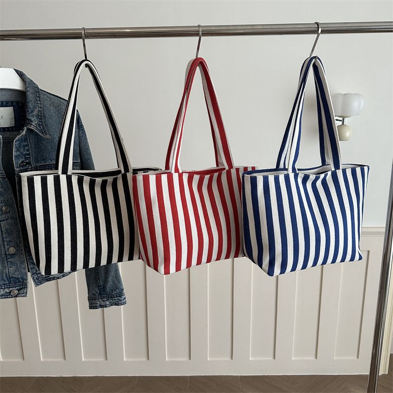 Women's Casual Striped Canvas Tote Bag, 2026 New Ins Style Color-Block Shoulder Handbag, Large Capacity Daily & Travel Bag in Black/White, Blue/White, Red/White
