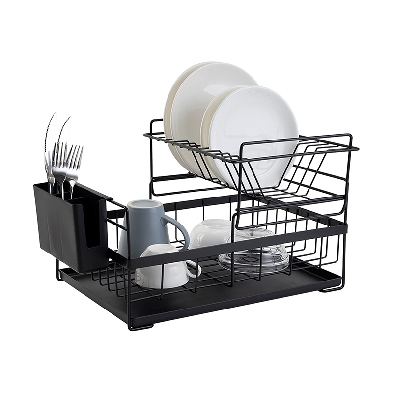 Dish Drying Rack with Drainboard Drainer Kitchen Light Duty Countertop Utensil Organizer Storage for Home Black White 2-Tier 