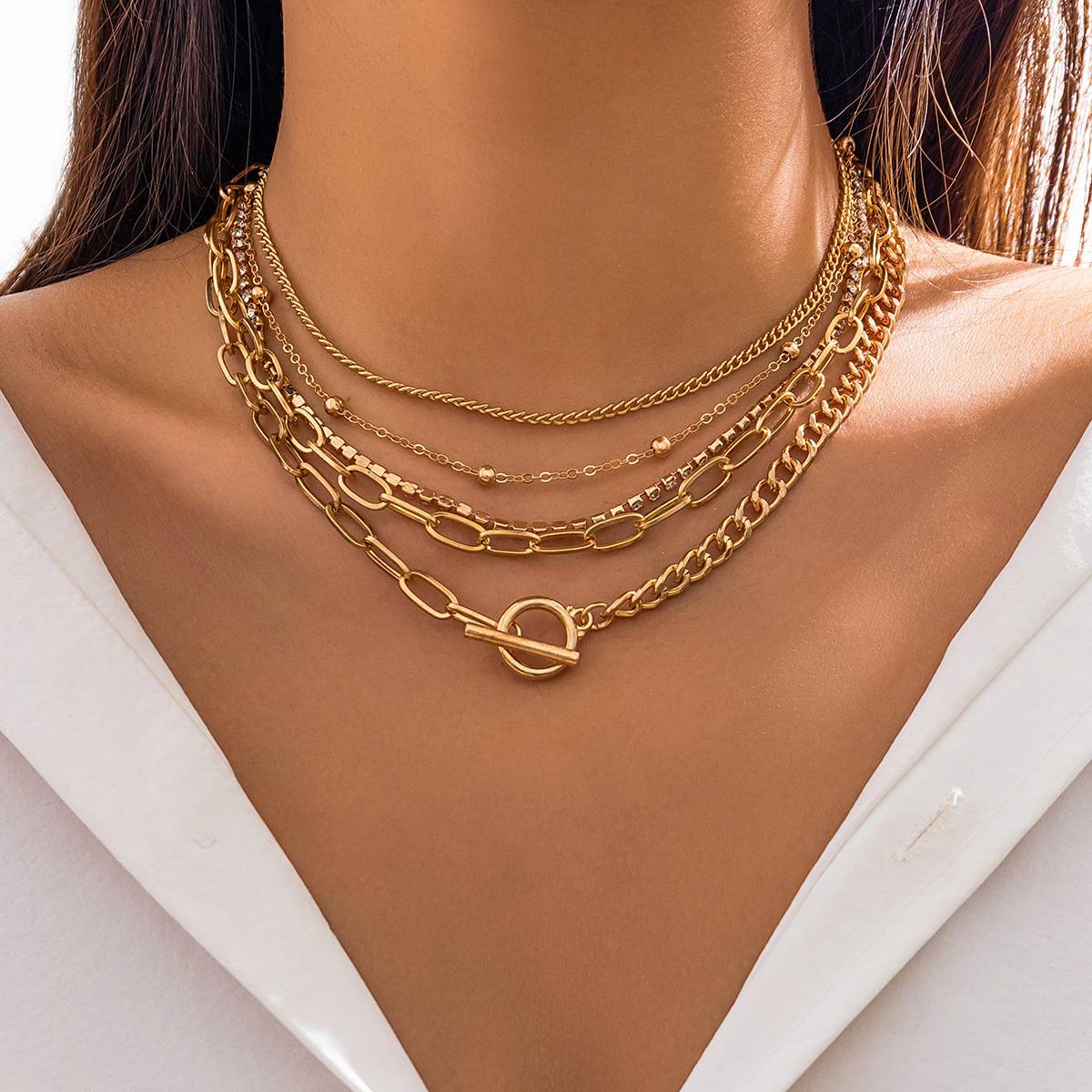 E0478 Women's Simple Geometric OT Clasp Bracelet Mixed Round Bead Multi-Layer Necklace