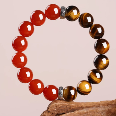 Natural Red Agate & Yellow Tiger Eye Stone Beaded Bracelet, Fashion Semi-Precious Crystal Hand Chain With 8/10/12mm Beads, Elegant Casual Wrist Accessory For Daily Wear, Stylish Natural Stone Jewelry Bracelet For Men And Women