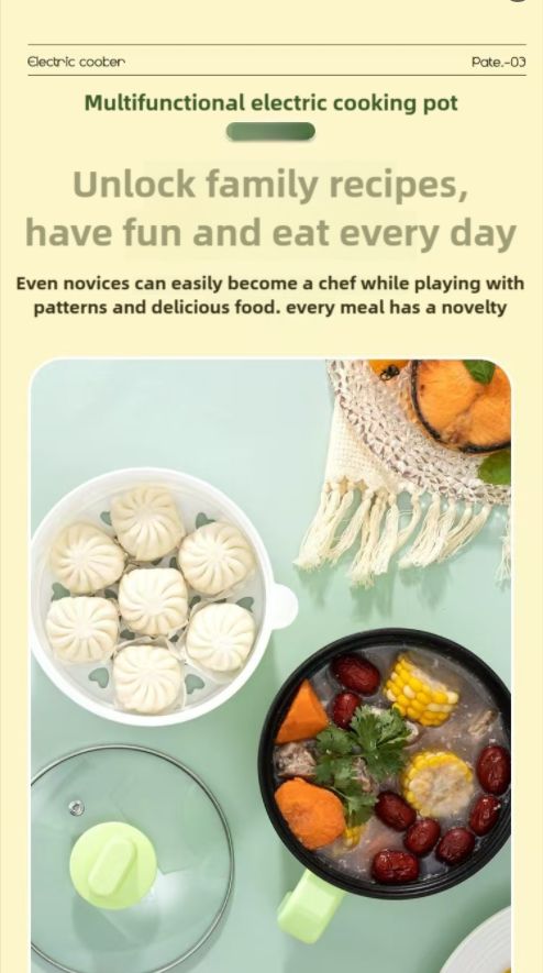 XIAXIN multifunctional electric cooking pot with steamer, portable cookware,stew,boil,saute,fry,steam,1.8L