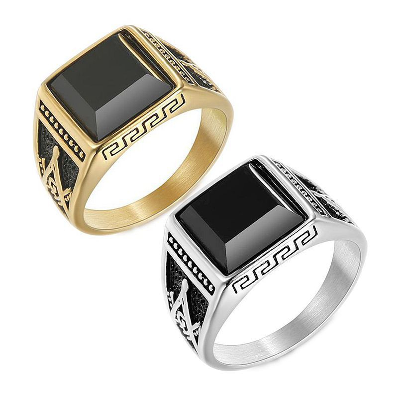 7568 Men Vintage Stainless Steel Gold With Black Stone Bronze Ring Titanium Silver Ring Jewelry