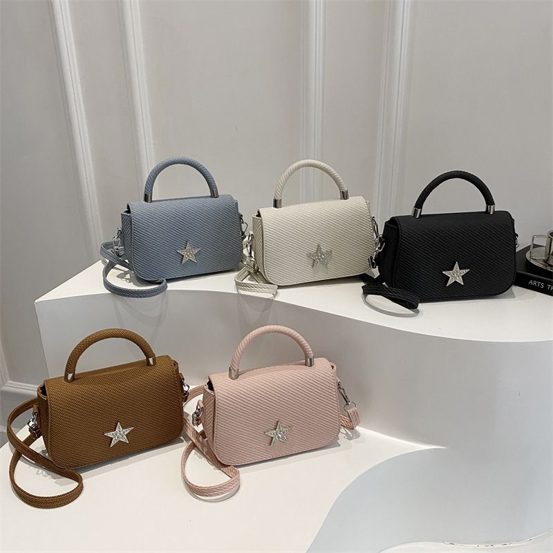 Women Minimalist Square Handbag with Star Rhinestone Chain Elegant Textured Handheld Single Shoulder Crossbody Purse Ladies Daily Fashion Small Bag for Dating Shopping Party
