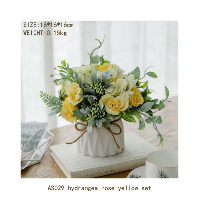 Hydrangea rose set ceramic hemp rope vase artificial flowers silk flower pastoral floral ornaments living room dining room dining table hotel wedding church venue funeral ceiling road layout home decoration flower arrangement holding flowers photo props flowerpotAS029 hydrangea rose yellowset