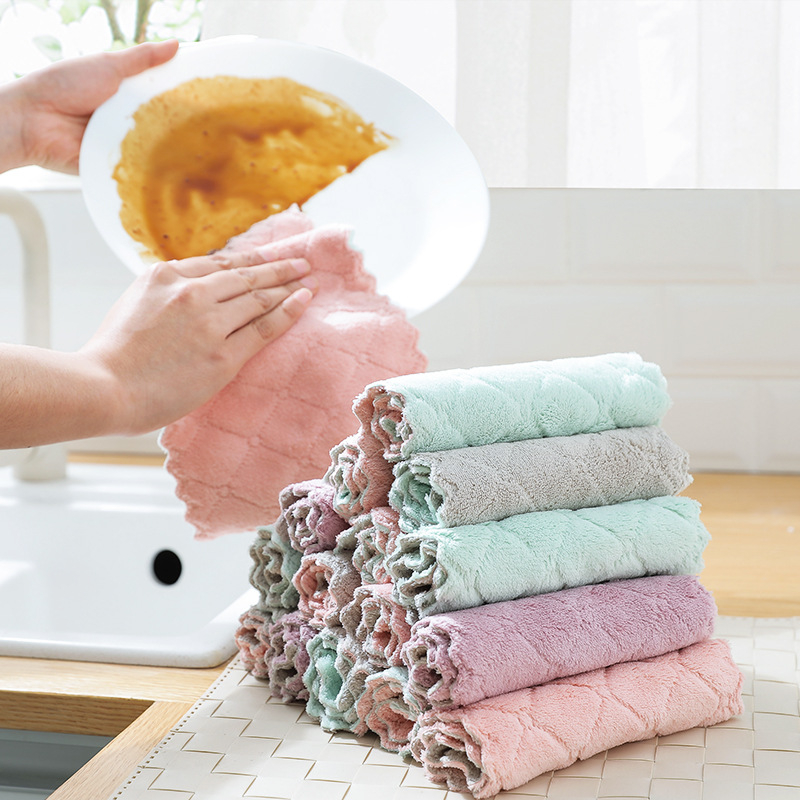 2278 10Pcs Double-Layer Absorbent Microfiber Kitchen Dish Cloth Non-Stick Oil Household Cleaning Wiping Towel Kichen Tool

