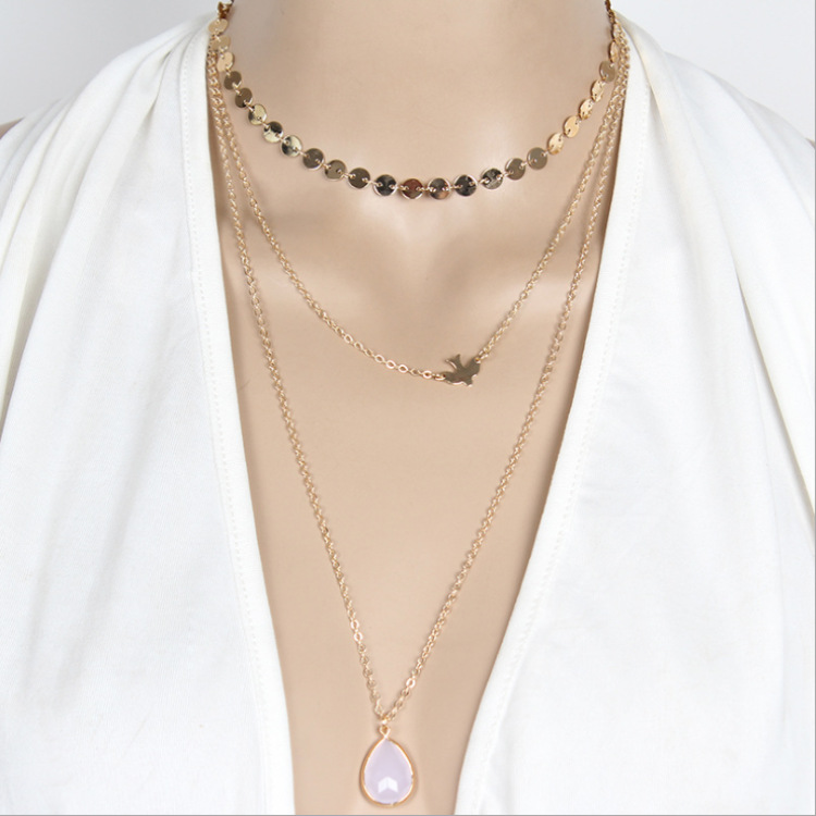 Newest Fashion Jewelry 3 Layer Necklace Small Disc Sequin Chain Peace Dove Bird Pendant Multi Layer Necklace Women Necklace