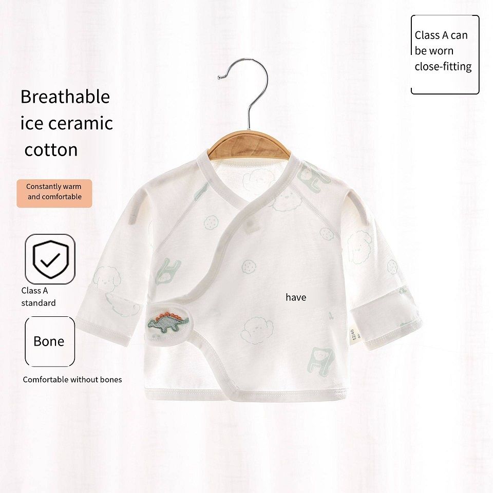 Newborn Ice Ceramic Cotton Kimono Top, No Bone Stitching Baby Half-Back Shirt, Breathable Wrap-Around Top with Magic Tape, Double Belly Protection, 52-59cm