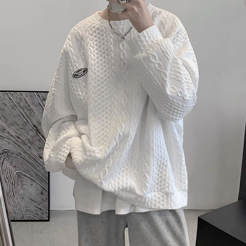 631 Men's Spring and Autumn Twist Three-Dimensional Texture Top Loose Crewneck Top