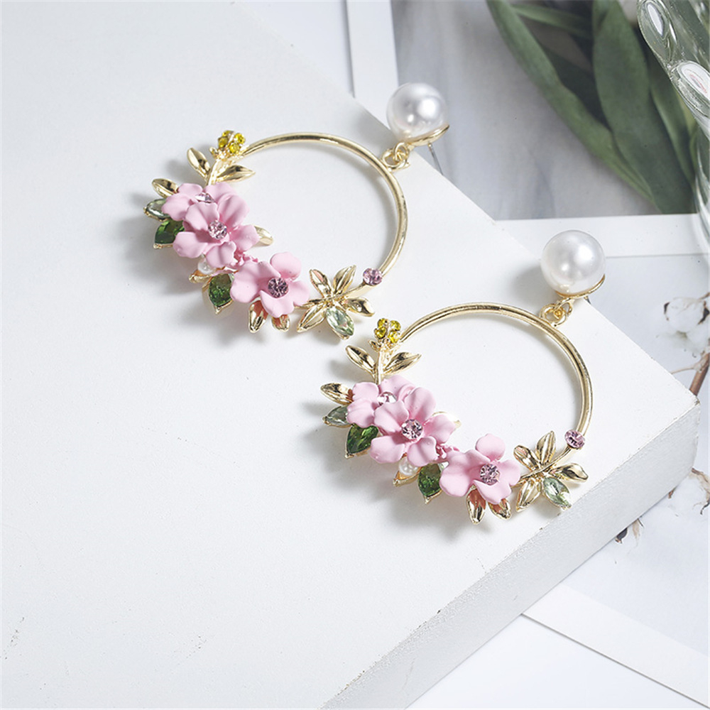 ez67 Faux Pearl Ear Studs Floral Decor Drop Hoop Earrings
