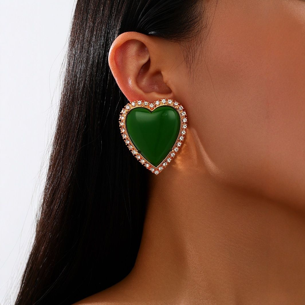 Bold Retro Heart Earrings with Crystal Border, 2 Colors Available (Green & Pink), Gold Plated Statement Studs, Oversized Resin Heart Jewelry for Women
