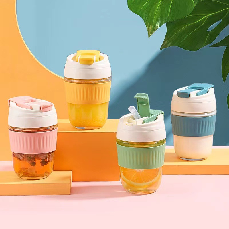j77354 glass coffee mug with straw portable glass coffee cup with silicone sleeve

