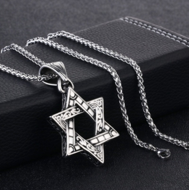 WELLHOME Kpop Star of David Pendant Israel Chain Necklaces for Men Women Judaica Silver Color Hip Hop Long Chain Jewish Jewelry Boys Gift