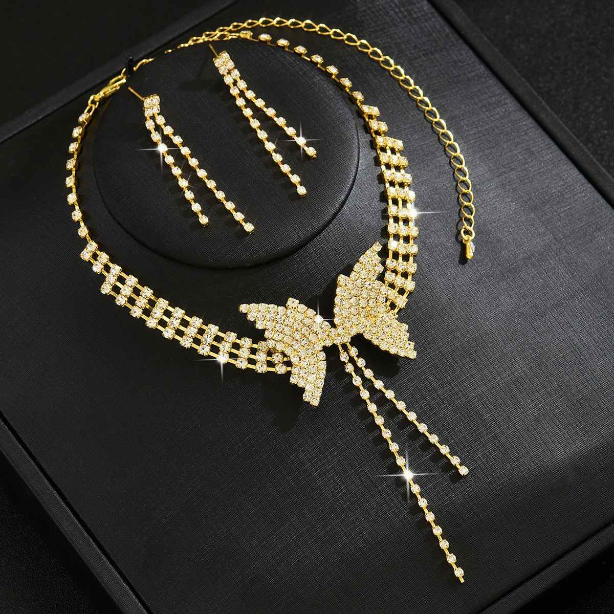 Shimmering Full Paved Cubic Zirconia Butterfly Necklace Earrings 2Pcs Set Tassel Drop Design Adjustable 27cm+18cm Extension Chain Elegant Bridal Accessories Versatile Wedding Banquet Evening Prom Gown Ornaments Three Color Choices Eco-friendly Alloy Delicate Women Formal Fashion Festive Gift Decor
