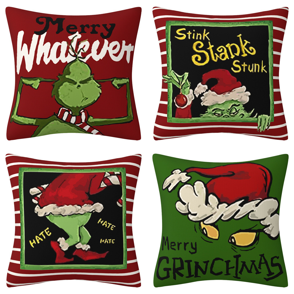 SPKJU-02 Christmas Pillow Covers 18x18 Set of 4 for Christmas Decorations Stripe Green Christmas Pillows Winter Holiday Throw Pillows Christmas Farmhouse Decor for Couch