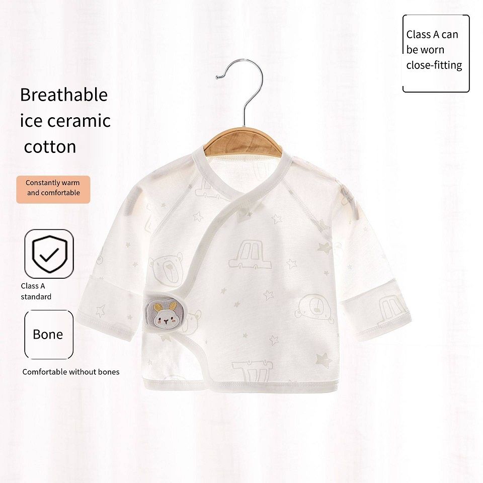 Newborn Ice Ceramic Cotton Kimono Top, No Bone Stitching Baby Half-Back Shirt, Breathable Wrap-Around Top with Magic Tape, Double Belly Protection, 52-59cm