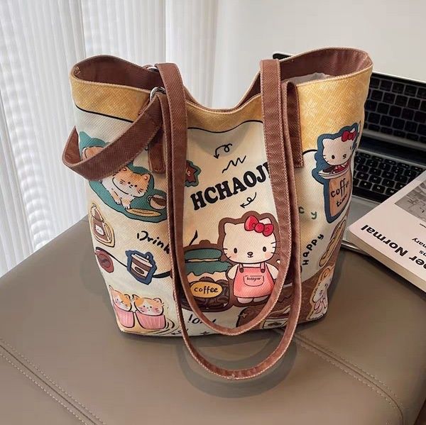 Cute Cartoon KT Cat Canvas Bag for Women, New Large Capacity Bucket Tote Bag, Casual Single Shoulder Handbag, Fashion Student School Daily Bag
