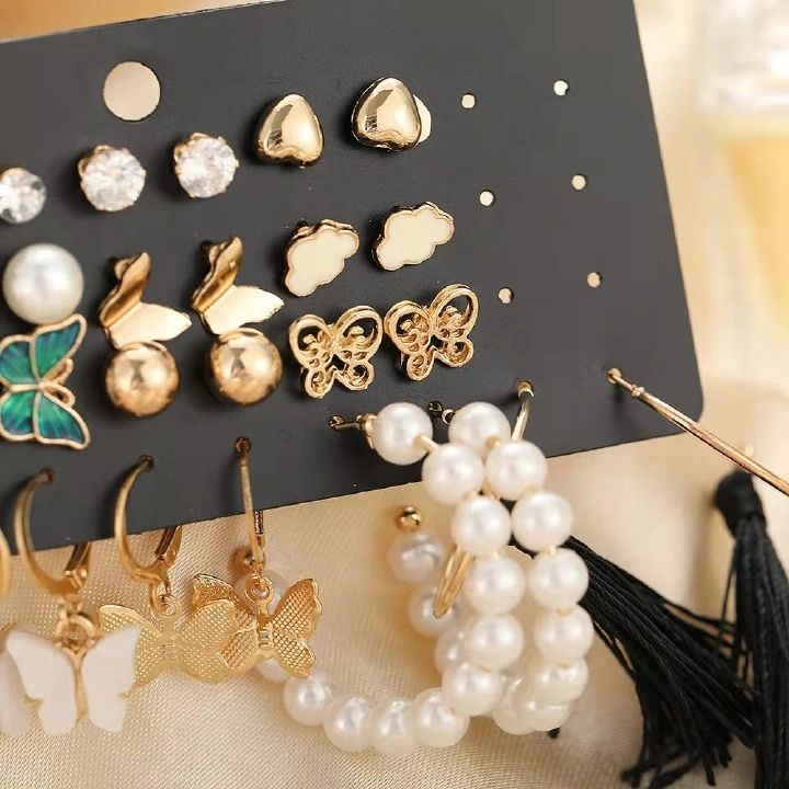 17 Pairs Fashion Stunning Earrings For Beautiful Girls Women's Fashion Accessories Jewellery Earrings Creative  Combination Note Pearl Breathtaking Earrings Sets