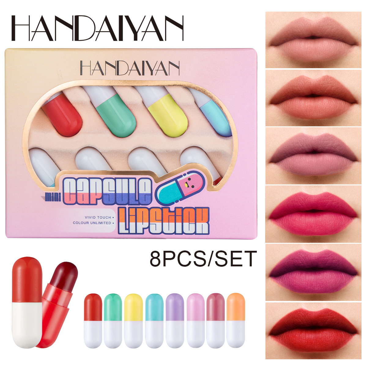 H1019 8 Colors/Box Lipstick Set Waterproof Mini Capsules Cute Matte Velvet Lip Stick Red Lip Tint Sexy Women Makeup Kit