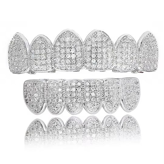 Hip-hop grill crushed ice jewelry braces micro-inlaid zircon personality trend jewelry colorful TeethGrillzSilver Set