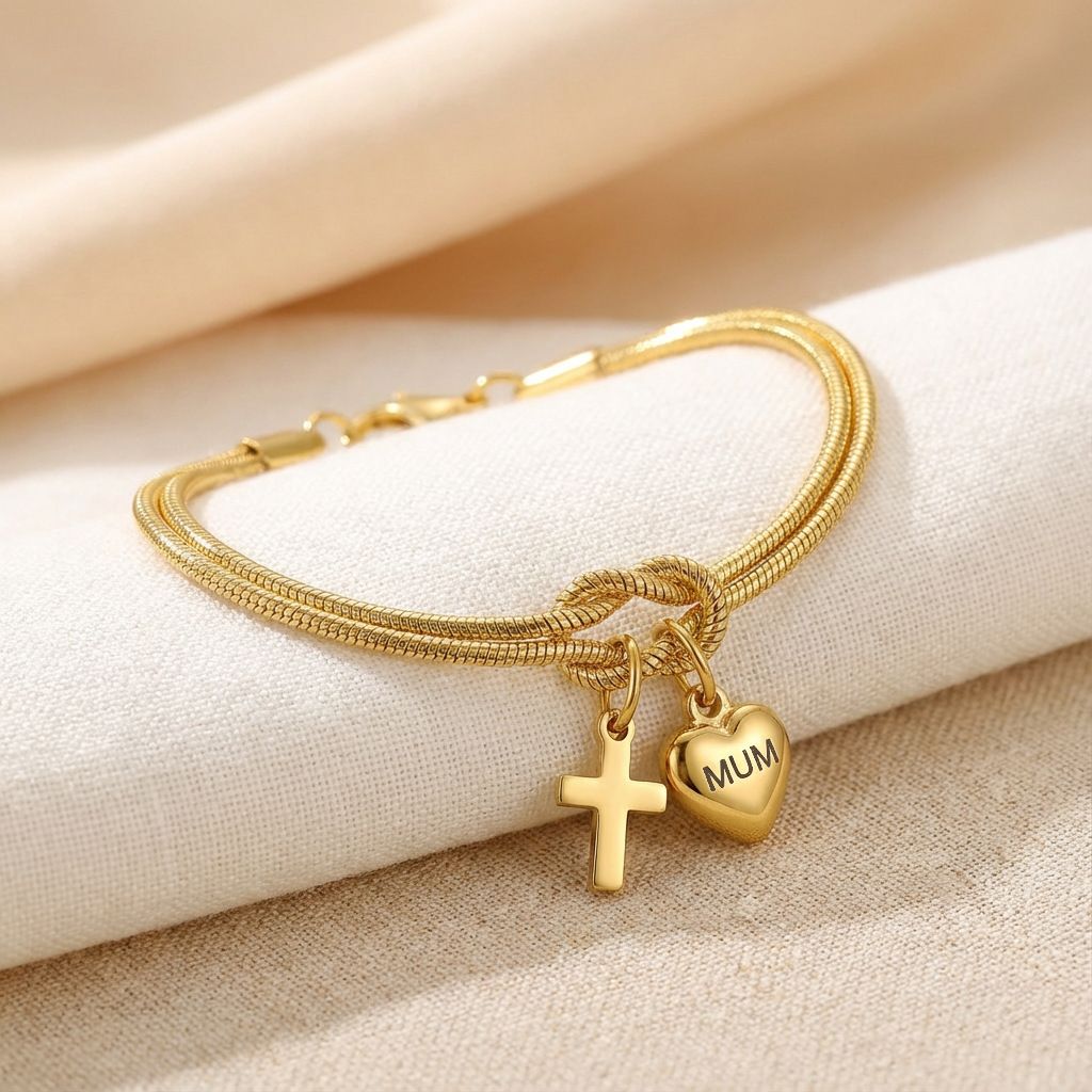 Stainless Steel Gold-Tone Mum Charm Bracelet, Heart & Cross Pendant, Adjustable Snake Chain Knot Bangle, Perfect Gift for Mothers, Elegant Jewelry for Daily Wear
