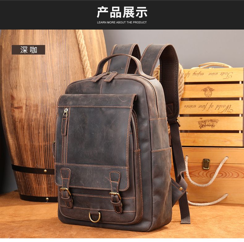 Head layer cowhide business commuting computer backpack, large capacity European and American retro backpack, cross-border crazy horse leather backpack