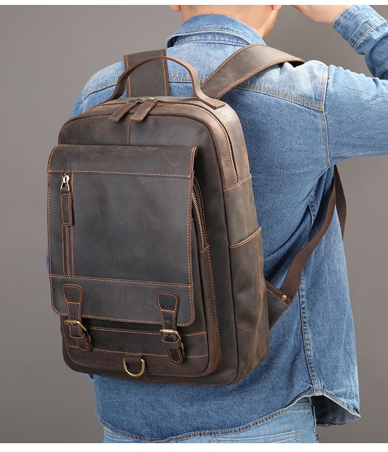 Head layer cowhide business commuting computer backpack, large capacity European and American retro backpack, cross-border crazy horse leather backpack