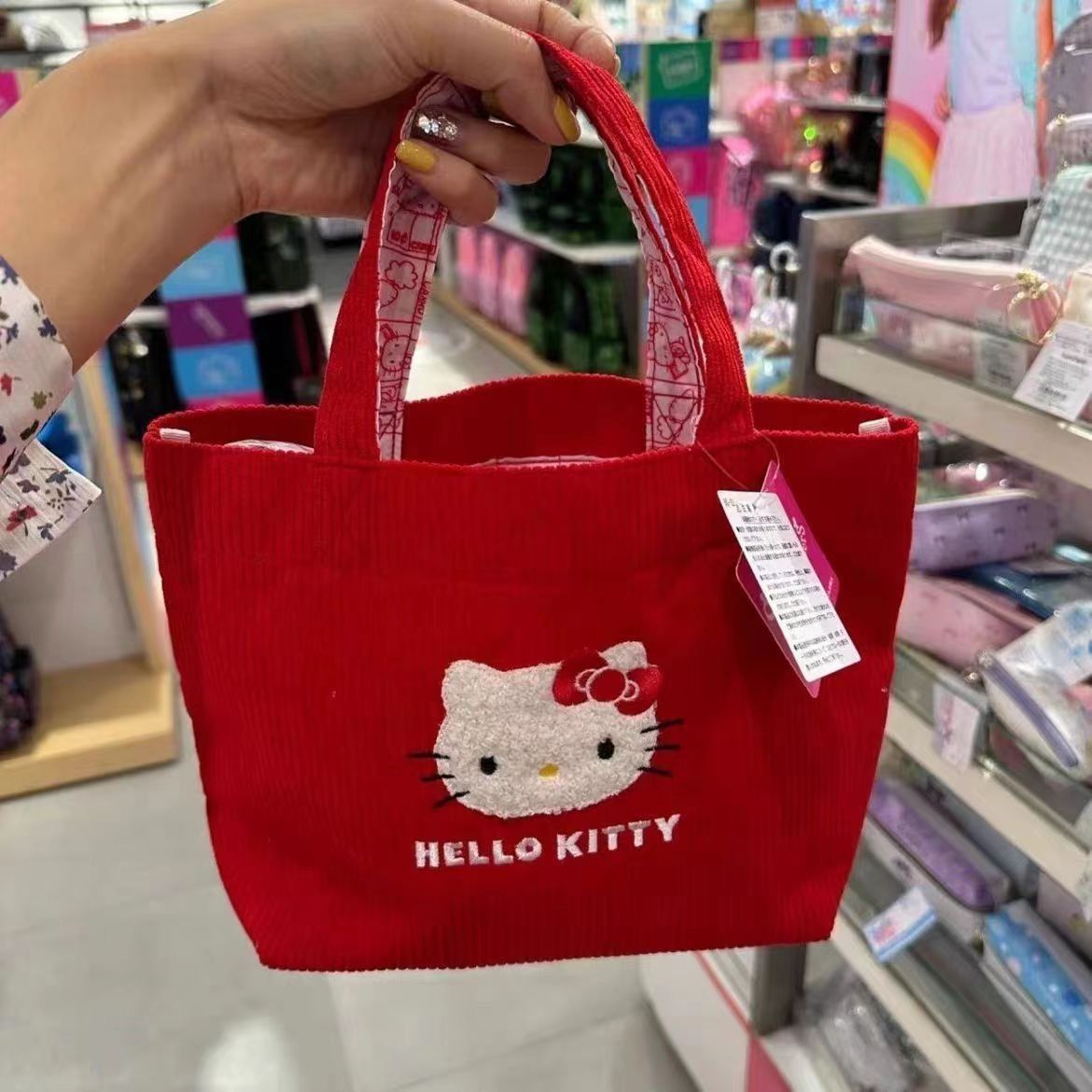 Cute Hello Kitty Corduroy Tote Bag Large Capacity Kawaii Small Handbag Portable Outdoor Lunch Bag for Girls
