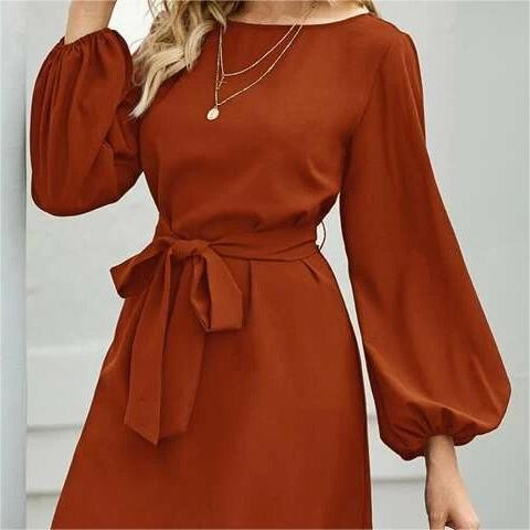 20302# Women's New Mid Length Solid Color Dress Lace Up High Waist Dress