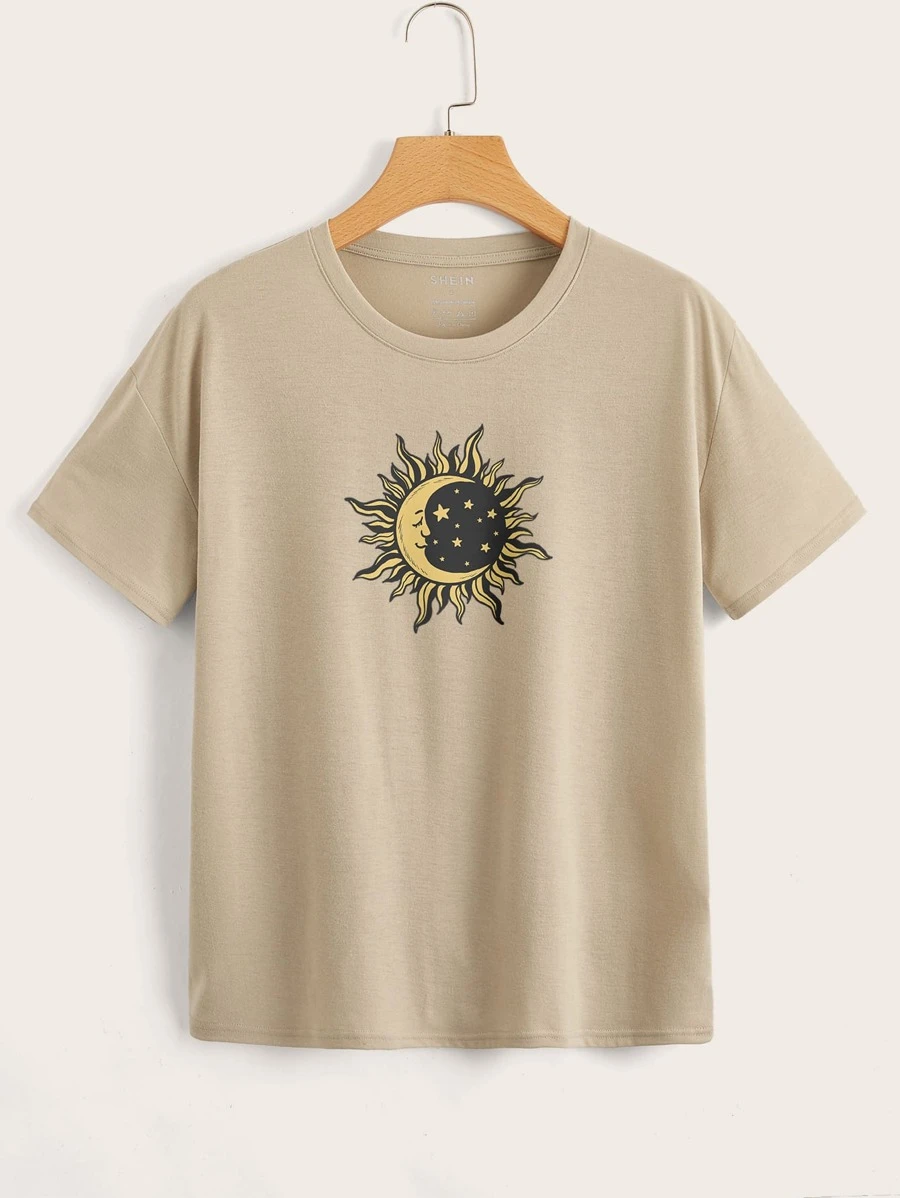 DX0108#  Women Sun & Moon Print  Tee T-Shirt
