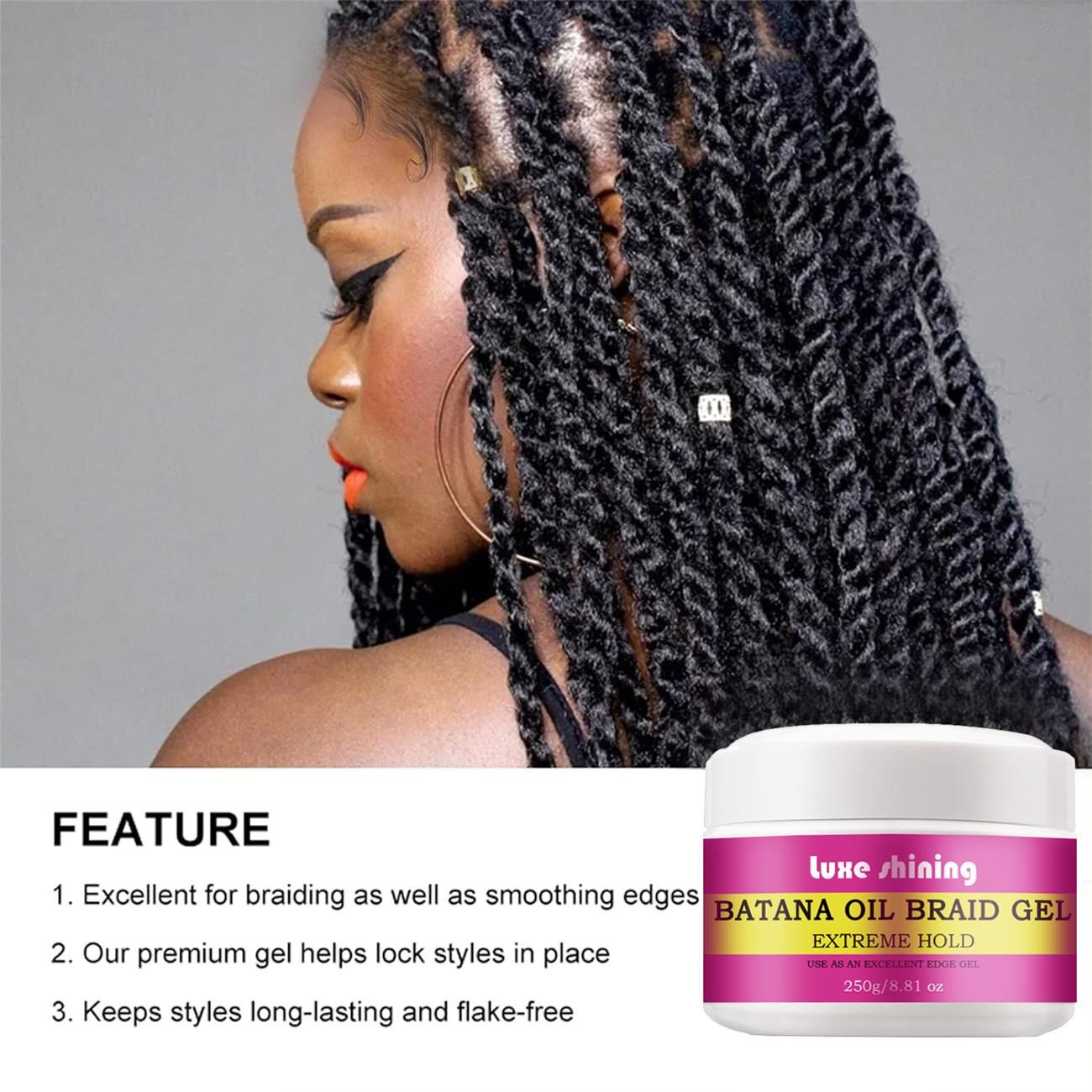 250ml Braid Gel, Extreme Hold, Smooths & Tames Frizz, No Flaking or Drying, High Shine, Long Lasting for Braids, Locks, Twists, Cornrows