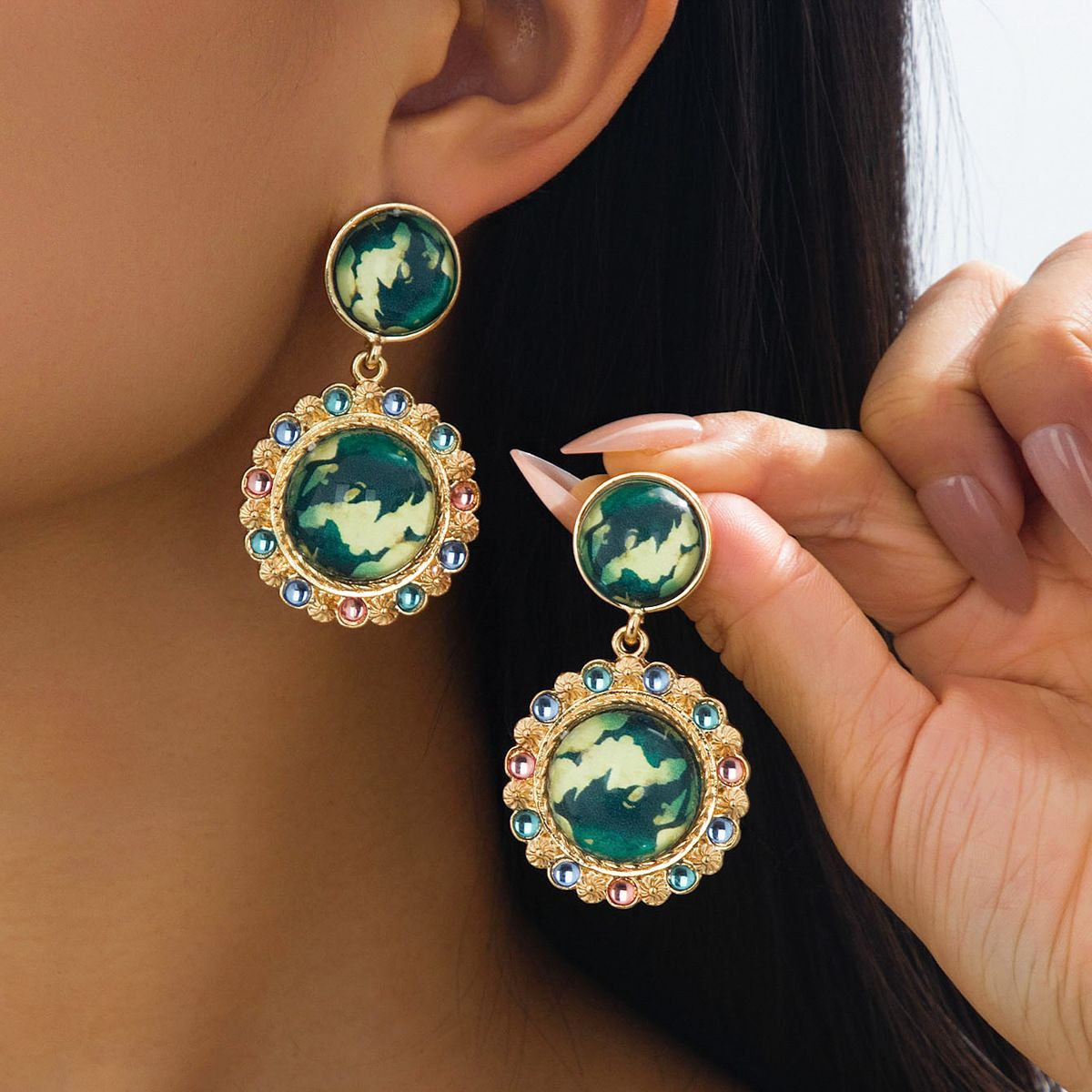 Vintage French Style Enamel Drop Earrings, 5.4cm Gold Plated Earrings with Colorful Crystal Border, Elegant Retro Statement Jewelry for Women
