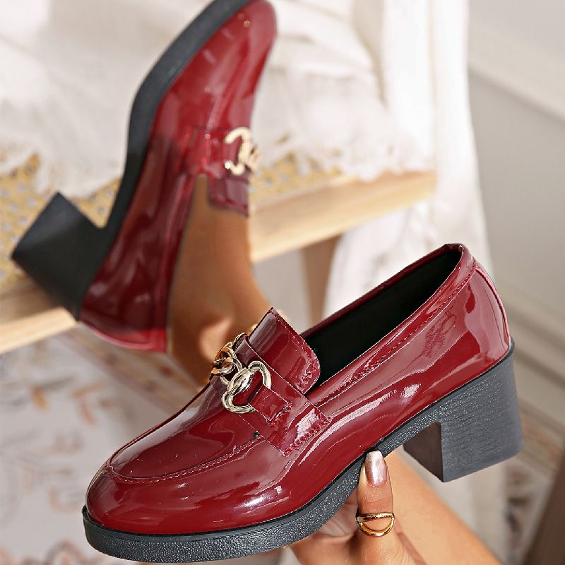 Large size small leather shoes women 2025 spring new British style high heel single shoes patent leather thick round head loafers