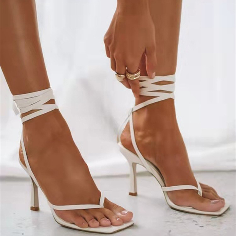 Fashion High-Heeled Lace-Up Stiletto Herringbone Square Toe Sandals Women