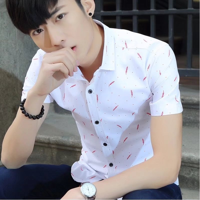 AL men's short sleeve shirt slim student shirt youth handsome casual shirt