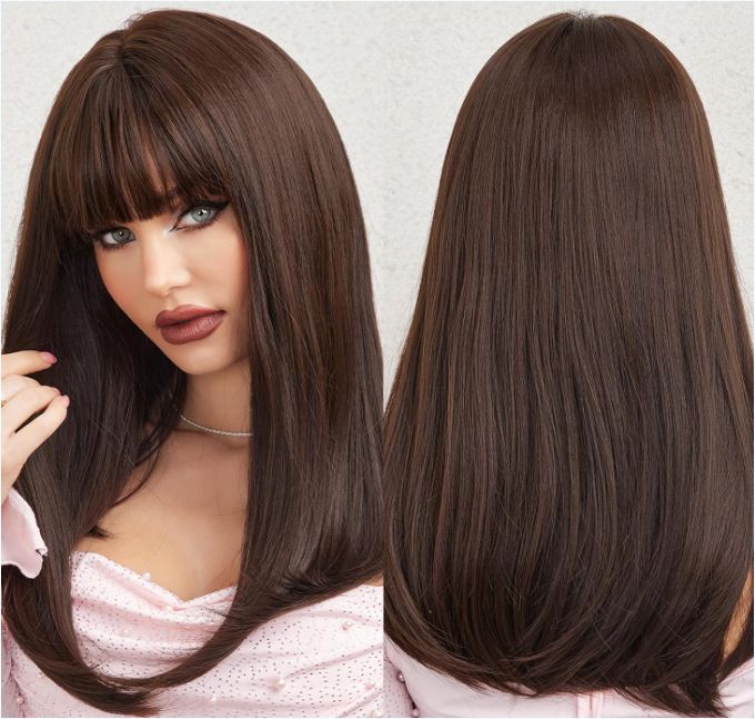  Dark Brown Synthetic Women's Wig Long Straight Layered and Heat Resistant