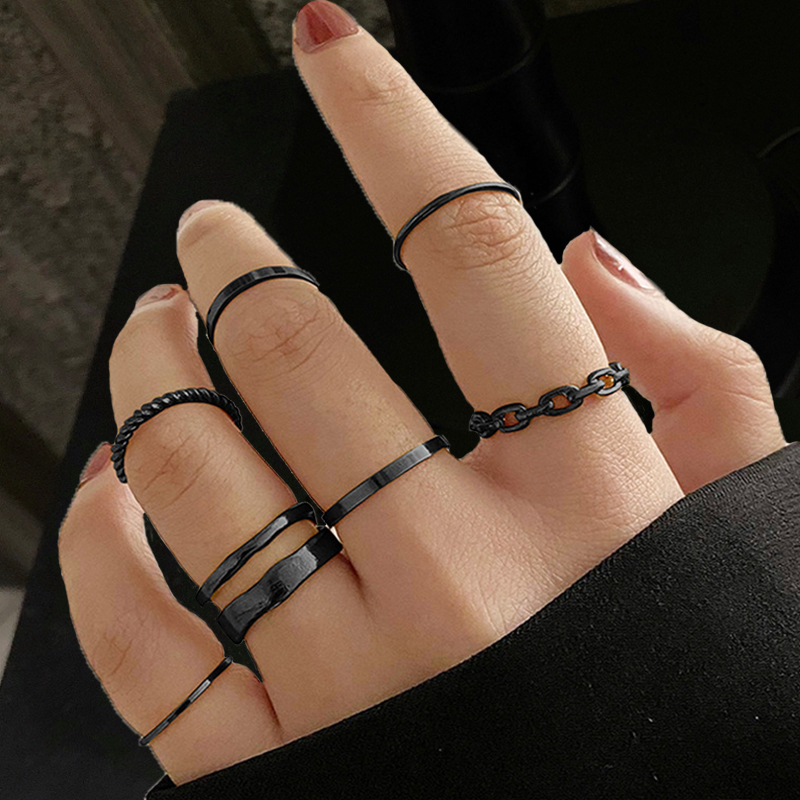 Fashion Black Color Chain Rings Set For Women Men Punk Simple Wide Chainrings 2022 Trend Jewelry Party Gifts