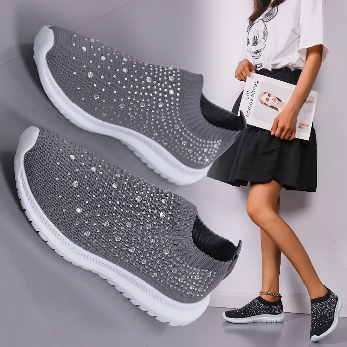 2022 new fashion casual Rhinestone flying woven women's sports style casual single shoes